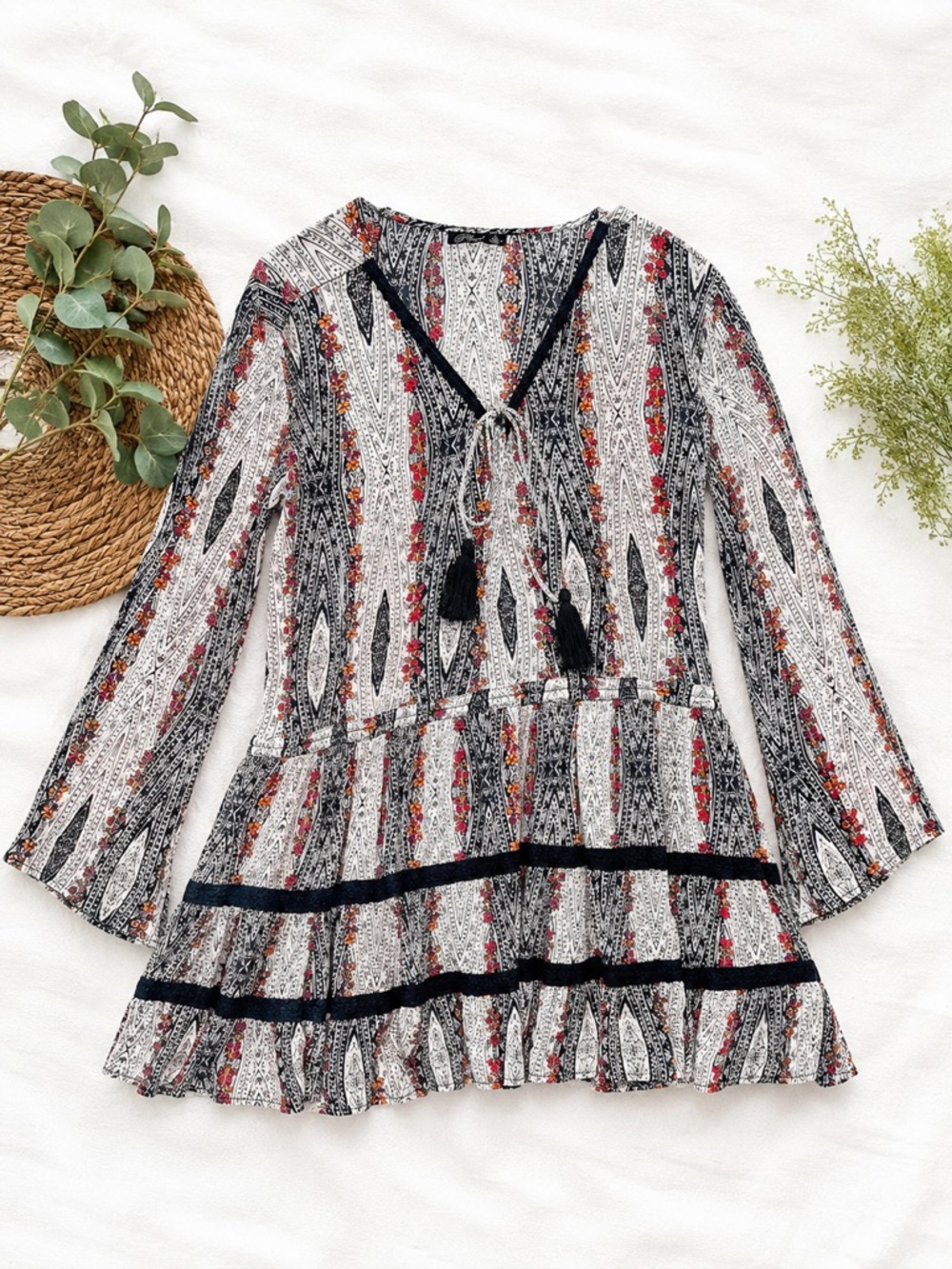 Phool XL Boho Tunic Top Mini Dress Floral Print Tiered Tassel Tie 100% Rayon